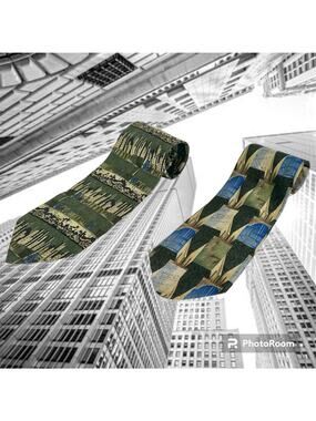 Pair of 2 Structure VTG 100% Silk Green Blue Tan Classic Necktie Tie Buildings